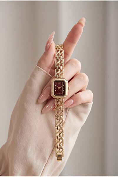 KLISHE Vintage Women's Steel Watch Gold Color & Burgundy Dial Rectangular Cas...
