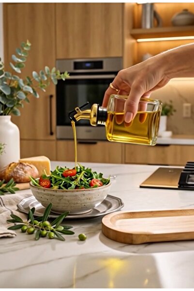 Trend Home Life 2’li Gold Başlıklı Cam Yağdanlık & Sirkelik Seti 200 ml – Damlatmaz Yağ Şişesi
