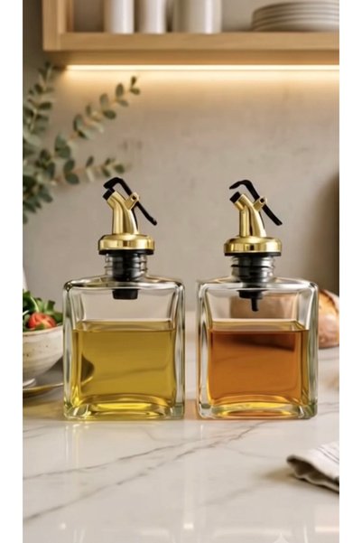Trend Home Life 2’li Gold Başlıklı Cam Yağdanlık & Sirkelik Seti 200 ml – Damlatmaz Yağ Şişesi