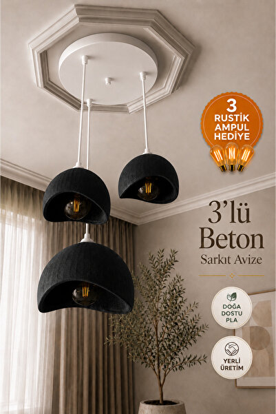JUTUAL DEKOR Beton Görünümlü 3'lü Sarkıt Avize Siyah Bohem İskandinav Modern ...