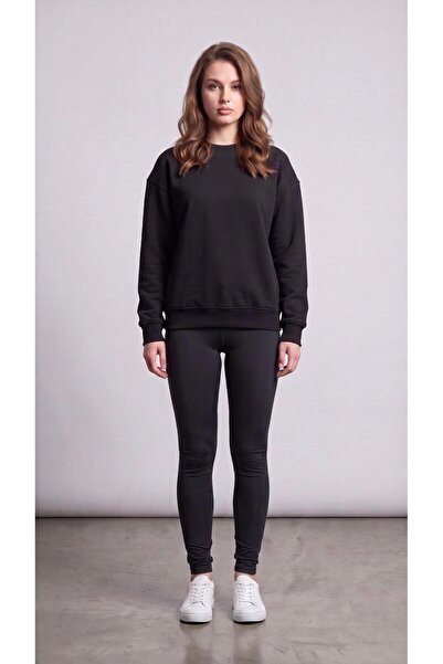 Lina&Noor Women's Oversize Wide Fit Crew Neck Plain Basic Sweatshirt Black