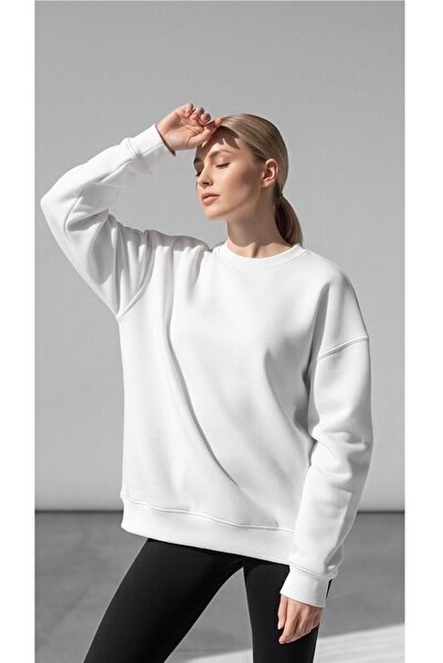 Lina&Noor Women's Oversize Wide Fit Crew Neck Plain Basic Sweatshirt White