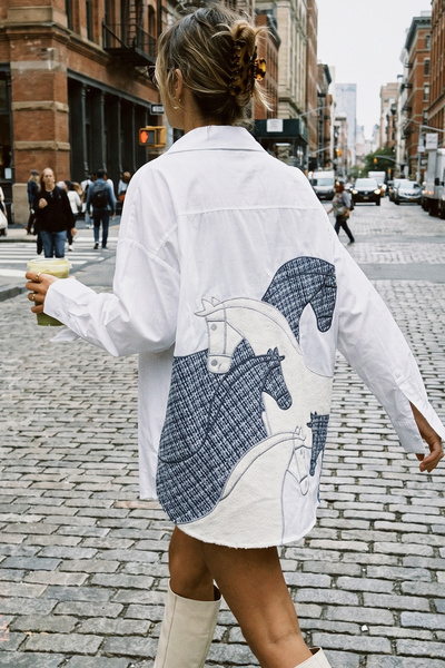 FASHION COCKTAIL Asymmetrical Office Patchwork Design Shirt with Horse Embroi...