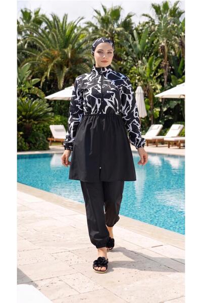 Lina&Noor Black and White Patterned Zippered Hijab Swimsuit Fully Covered Nur