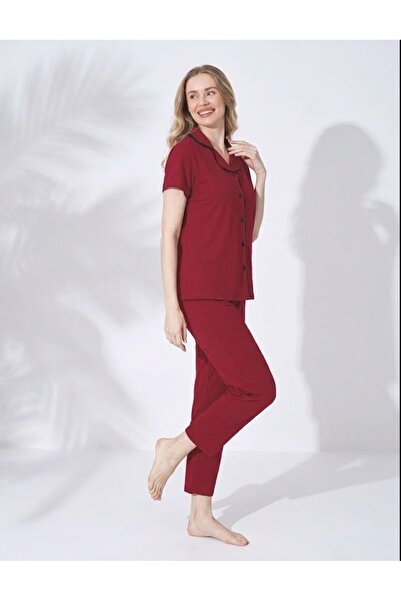 GRSN Set de pijamale confortabile pentru femei, burgundy-negru, cu mâneci scu...