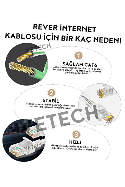 Vetech Cat6 10mt Lan Ethernet Kablosu Fabrikasyon Internet Kablo