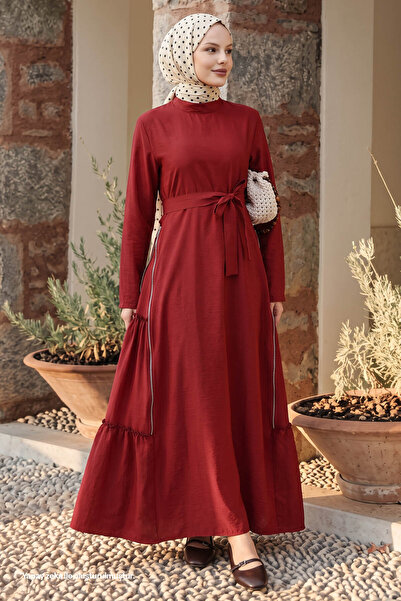 InStyle Modal Claret Red Dress with Side Zipper Detail