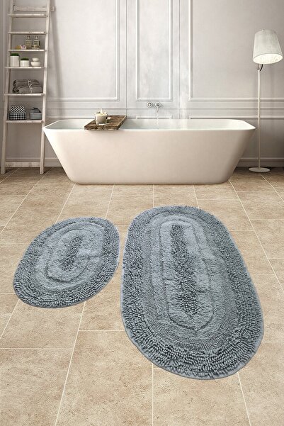 Teksev Natural Cotton Spaghetti Oval Gray 2-Piece Bath Mat Set Bathroom Rug W...