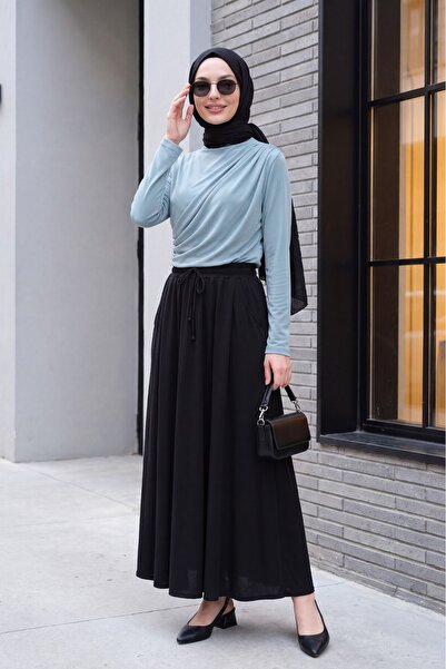 Modamorfo Beli Lace-Up Elastic Pocketed Combed Cotton Skirt - Black