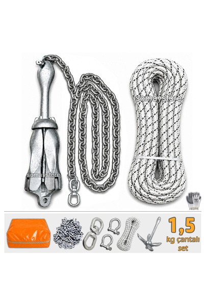SomayStore Çantalı Tekne & Şişme Bot İçin Hazır Çapa Seti 1.5 KG (Eldiven hediyeli)
