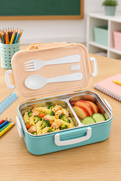 Sowo Home Steel Lunch Box with 2 Compartments, Fork and Spoon, Camping Food C...