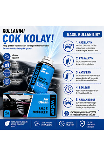 WÖRF Air Clean Araç İçi Koku Giderici 150 ml | Klima ve Oto Kötü Koku Nötralize Edici Aerosol Sprey