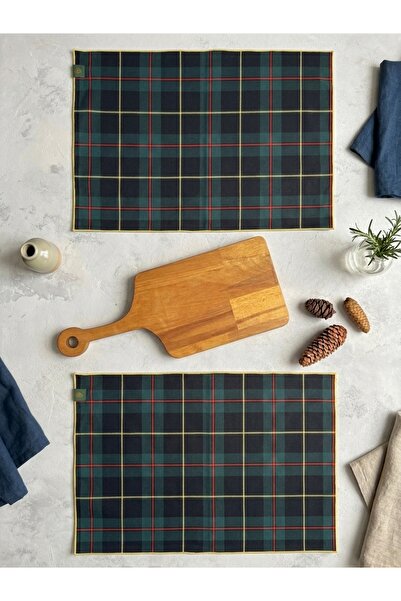 Pine Home 35x50 cm Lacivert Yeşil Ekose 2li Amerikan Servis Yılbaşı Davet Yen...