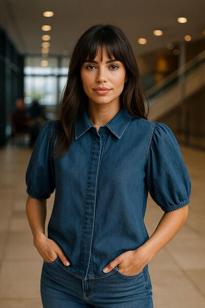 BANNY JEANS Women's Balloon Sleeve 100% Cotton Blue Jean Shirt