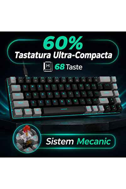 Timebox Tastatură mecanică de gaming, iluminare din spate RGB 60%, comutator liniar hot swap, 61 de taste