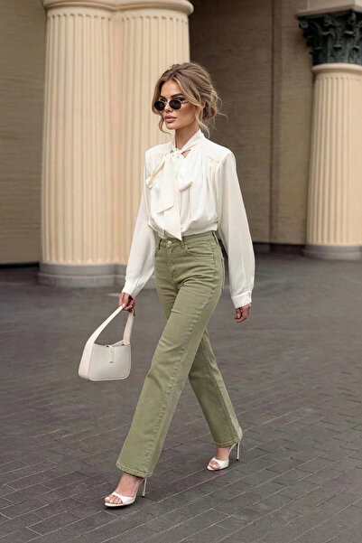 Bluewhite Women's High Waist Stretch Fabric Wide Leg Khaki Jean Trousers