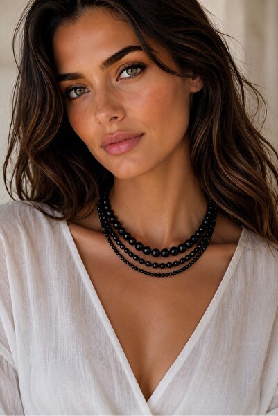 Camellie KY Jewels Ivory Cascade Noir | Siyah Cam İnci Altın Kaplama Layer Ko...