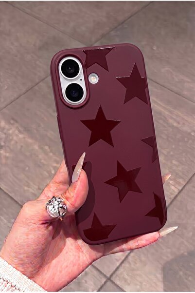 KVK PRİVACY iPhone 16 Uyumlu Bordo Kabartmalı Yıldız Desenli Kadifemsi Soft T...