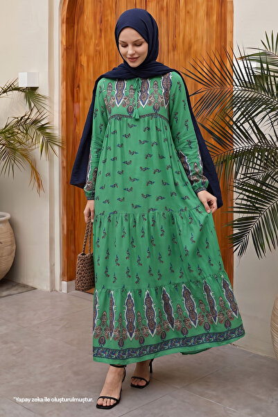 InStyle Patterned Viscose Dress with Tie Collar - Green