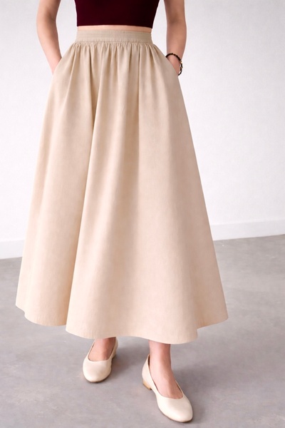 Kahra Collection Sand Beige Double Skirt with Elastic Waist and Pockets