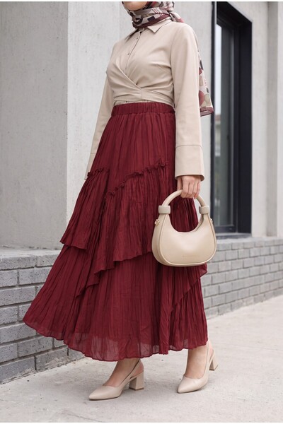Modamorfo Elastic Waist Linen Look Voile Layered Skirt - Burgundy