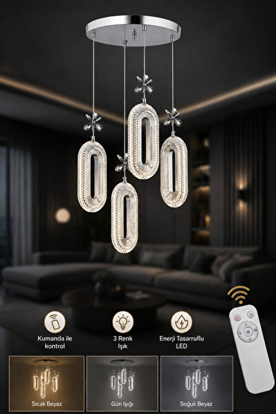 İstanbul Avize Led Alfa 4'lü Gümüş Kumandalı 3 Renk Ledli Kristal Taşlı Modern Led Avize