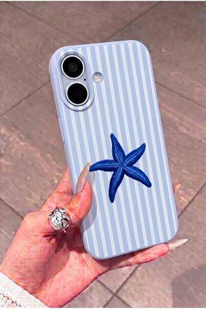 KVK PRİVACY iPhone 17 Uyumlu Mavi Deniz Yıldızı Desenli Çizgili Kadifemsi Sof...