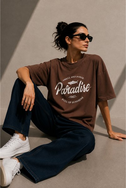 DI LORIA Women's Brown Oversize Paradise Printed Lycra Crew Neck T-Shirt (95% Cotton)