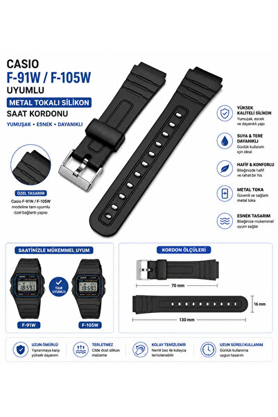 onlinekordon Casio F-91w F-105w Uyumlu Metal Tokalı Silikon Saat Kordonu