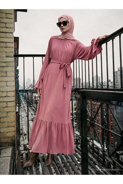 Refka Belted Hijab Dress with Flywheel Detail on the Sleeves - Dark Rose -