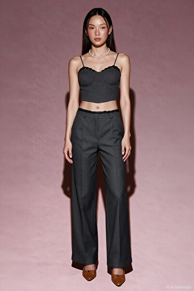 Quzu Beli Lace Trimmed Palazzo Trousers Anthracite