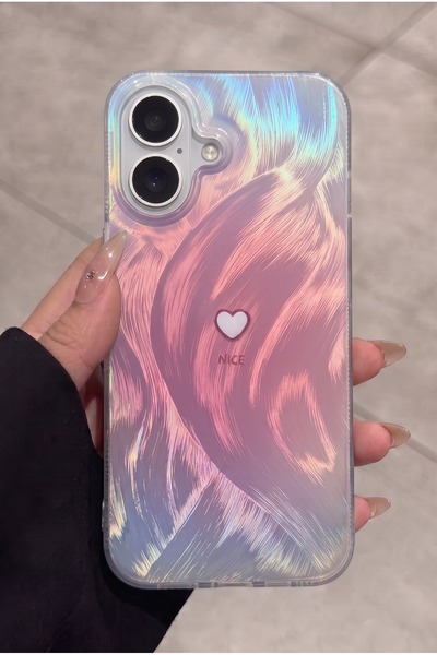 KVK PRİVACY iPhone 17 Uyumlu Pembe Tüylü Dalga Desenli Küçük Kalp Tasarımlı K...
