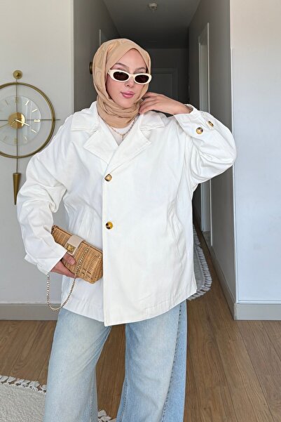 İmajButik Ekru Düğmeli Oversize Kanvas Ceket