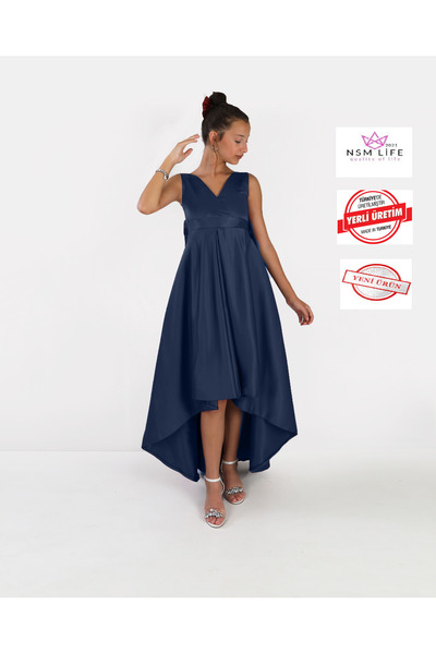 2021 NSM LİFE quality of life Girl's Asymmetrical Navy Blue Wrap Dress Birthd...