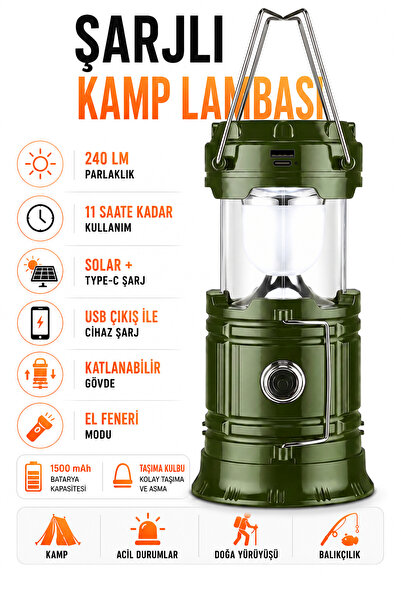 Venenon 3 Fonksiyonlu Şarjlı Solarlı Kamp Lambası El Feneri Powerbank Özellik...