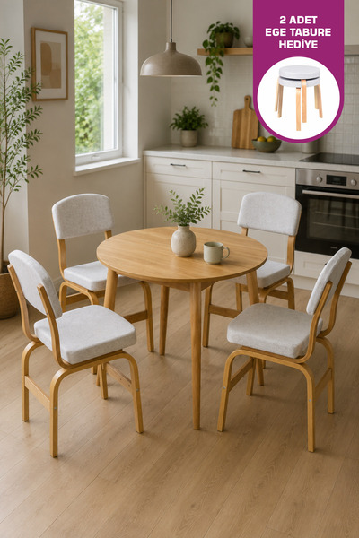 VİLİNZE Ege Sandalye Avanos Mdf Yuvarlak Ahşap Mutfak Masası Takımı - 90x90 Cm
