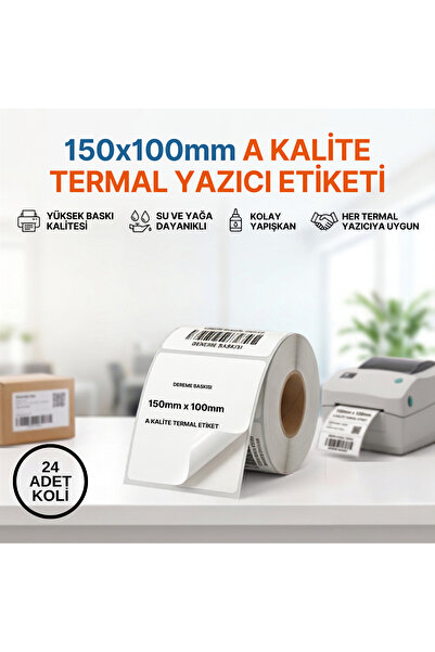 150x100 mm A Kalite Termal Barkod Etiketi - 24 Rulo Koli - Suya ve Yağa Dayanıklı
