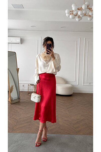 VERYMODA Kraşlı Saten Etek - Kırmızı | F1915
