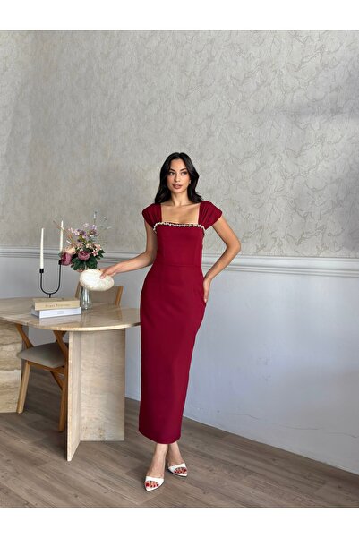 MODA DURAĞI Pearl Detailed Midi Evening Dress Graduation Dress