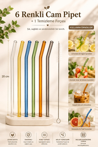 Porsima 6'lı Renkli Cam Eğimli Isıya Dayanıklı (Borosilikat) Pipet Ve 1 Adet ...
