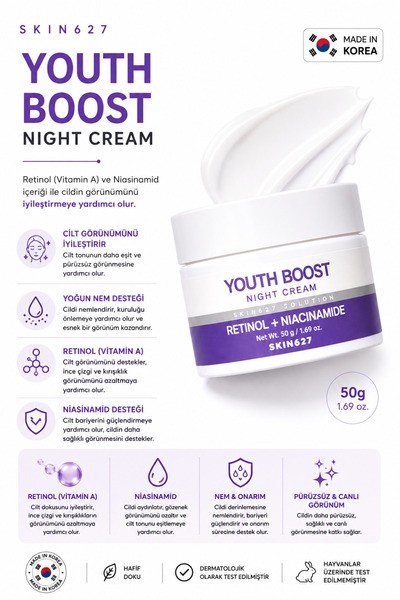SKIN627 Retinol Niacinamide Gece Bakım Cilt Yenileyici Kırışıklık Karşıtı Lek...
