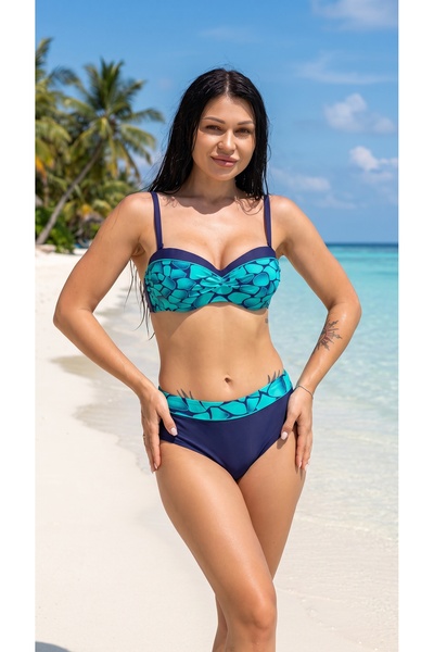hazelin Women's Green Navy Blue Patterned Lined Plus Size Bikini Set Hzl25S-L...