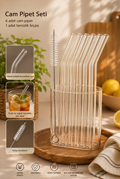 Porsima 6'lı Şeffaf Cam Eğimli Isıya Dayanıklı (Borosilikat) Pipet Ve 1 Adet ...
