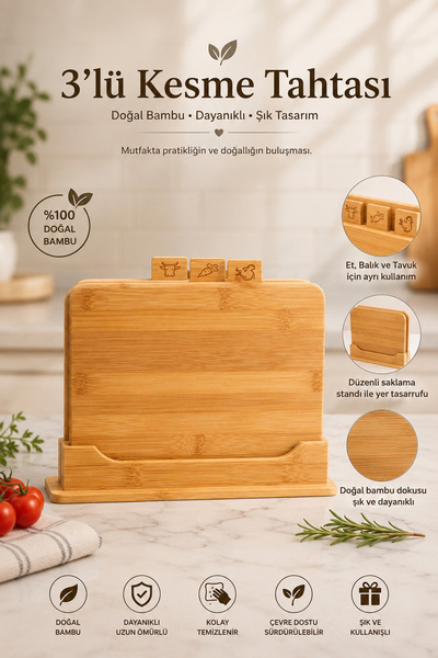 Porsima 16668 Piero Bambu 3lü Standlı Kesme Tahtası Seti Kesim Panosu Ahşap K...