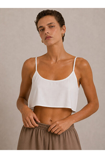 Tierra Store Pamuklu Ayarlanabilir Askılı Beyaz Kadın Crop Bluz