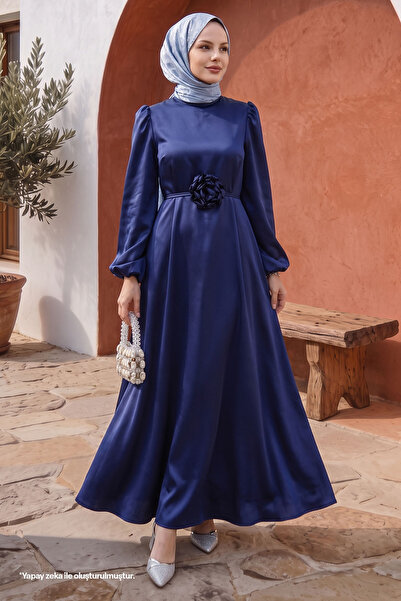 InStyle Rose Detail Navy Blue Satin Dress