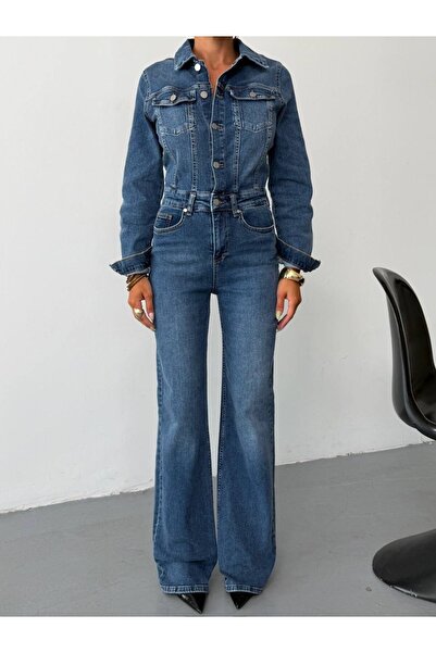 HerTon Women's Buttoned Jacket Collar Loose Wide Leg Jean Jumpsuit