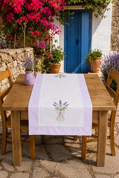 ÖDEL BULDAN Bordürlü Lavanta Işlemeli 50x130 Cm Runner