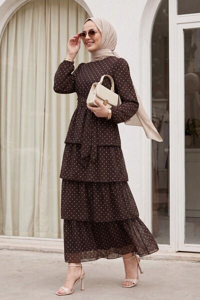Modamorfo Crossed Tie-Detail Layered Skirt Polka Dot Layered Chiffon Dress -B...