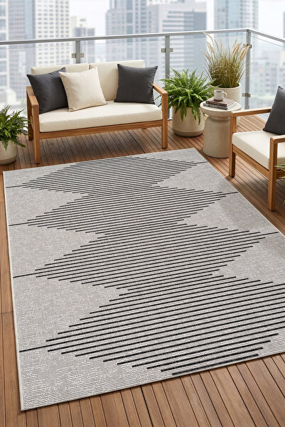 Koza Halı Fresco Ekru Siyah Iskandinav Jüt Yıkanabilirhalı Kilim Balkon Teras...